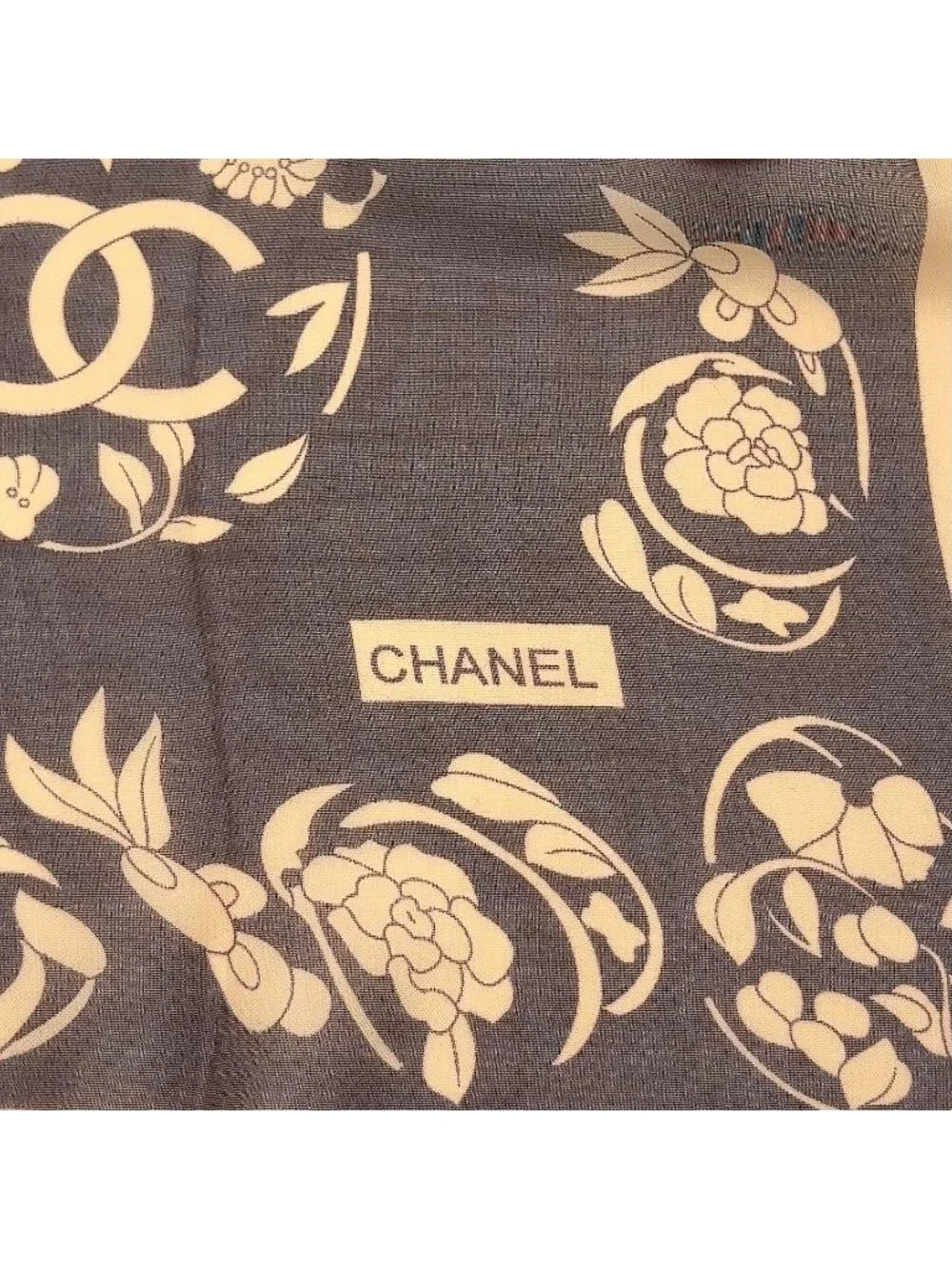 Chanel CC Logo Flower Motif Silk Brown Beige Scarf